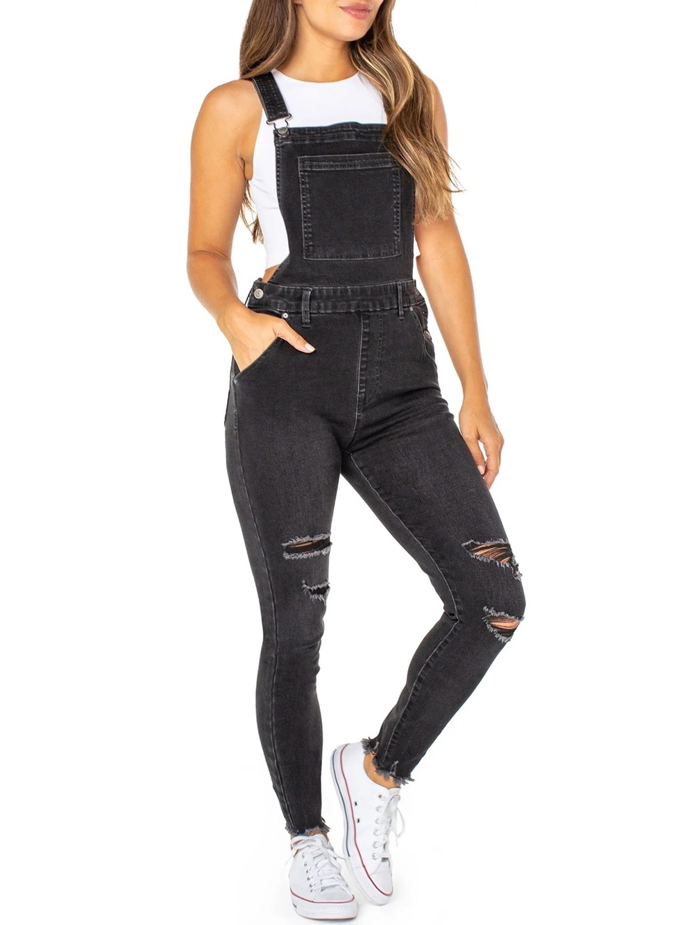 Celebrity Pink Black Distressed Denim Skinny Overalls Frayed Hem Size Small